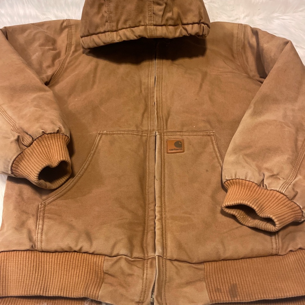 CARHARTT Youth XL 18-20 Quilted Lined Khaki Canvas Duck Hooded Jacket Coat